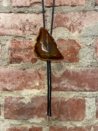 Hand Painted Road Runner Sliced Agate Bolo Tie