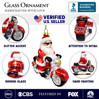 Motorcycle Santa Cruising Glass Christmas Ornament
