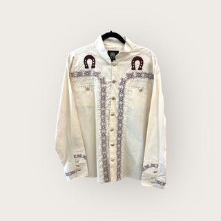 Vintage Men’s White Diamonds Boots Snap Up Shirt L
