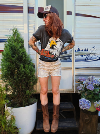 Hideaway Camo Washed Denim Fringe Shorts