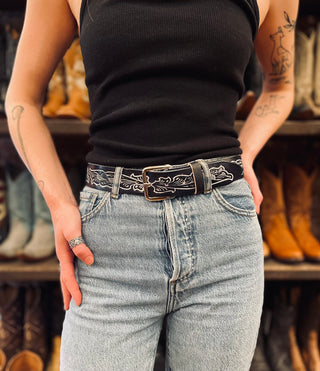 1 1/2" Leather Blue Stained Floral Belt