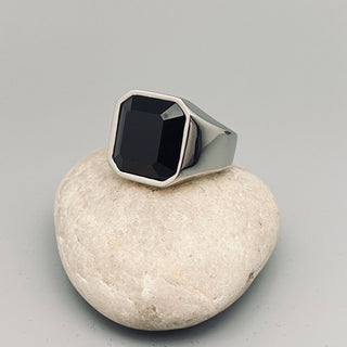 Black Agate Stone Men's Titanium Steel Biker Ring