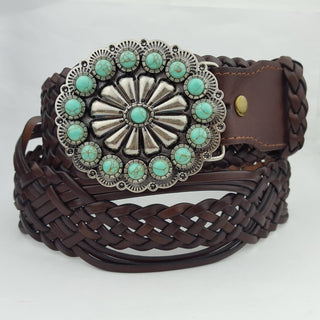 Hand Braided Leather Belt with Turquoise Style Buckle